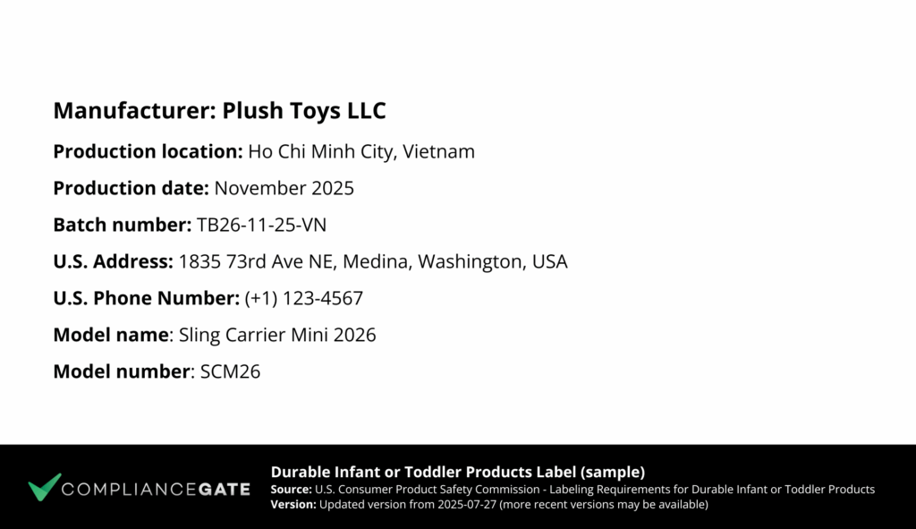 Example of a label for  Durable infant or toddler products