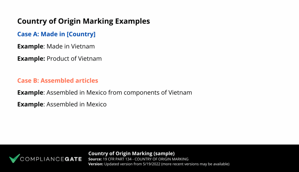 Examples of country of origin marking labels