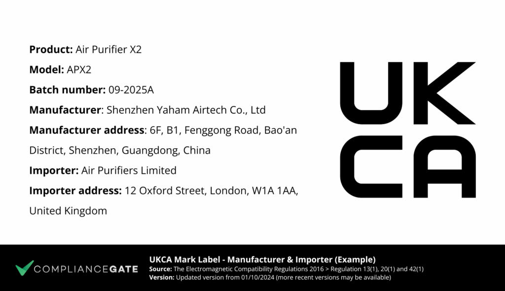UKCA label for importers sample template based on the EMC Regulations 2016 