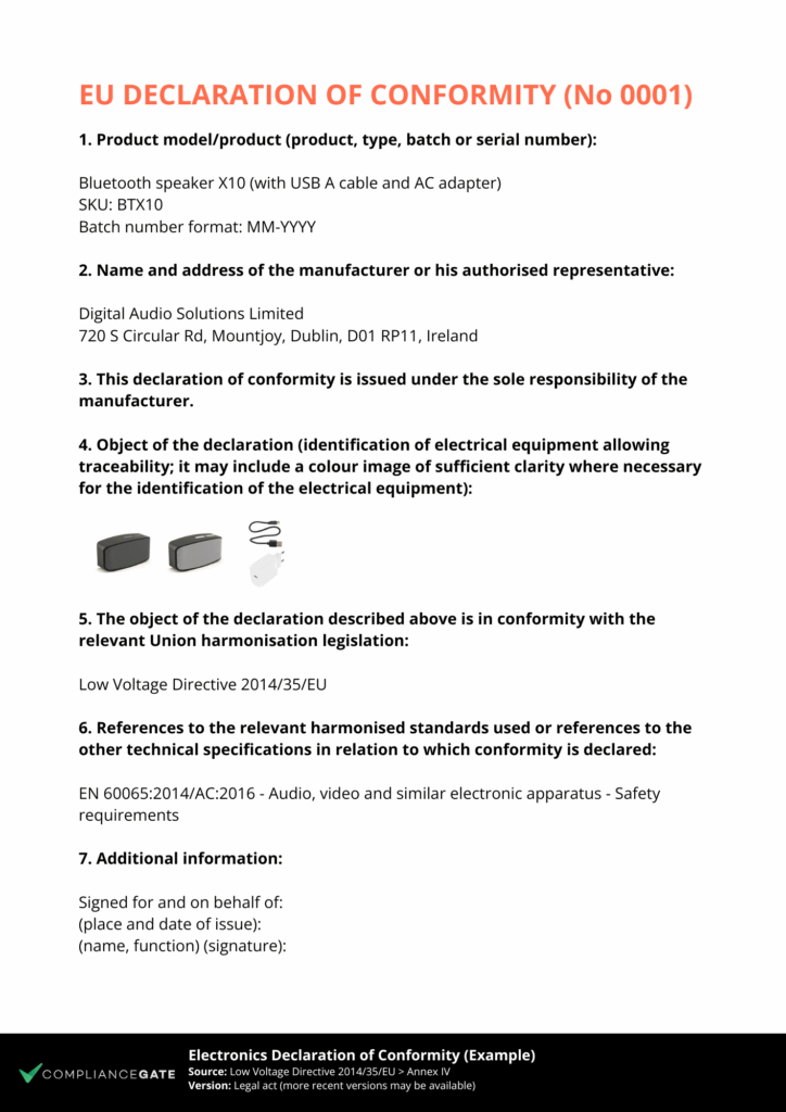 A DoC sample template based on the EU Low Voltage Directive