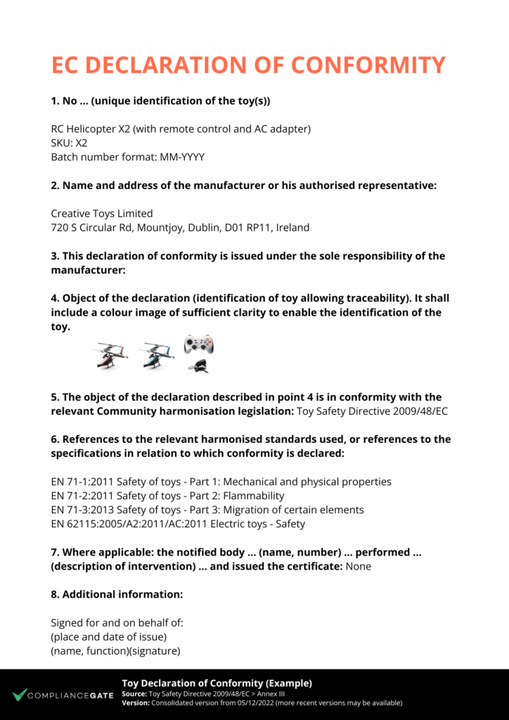 A DoC sample template based on the EU Toy Safety Directive