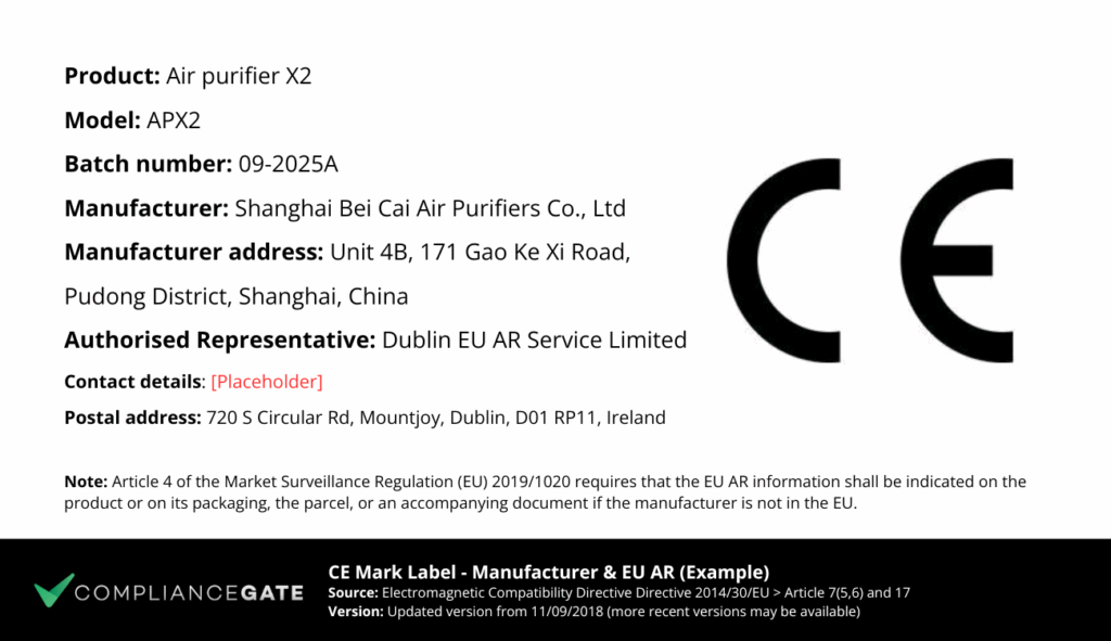 An example of a CE marking label including a non EU manufacturer and an EU authorised representative