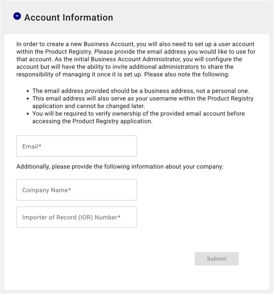 specify the company name, email, and IOR