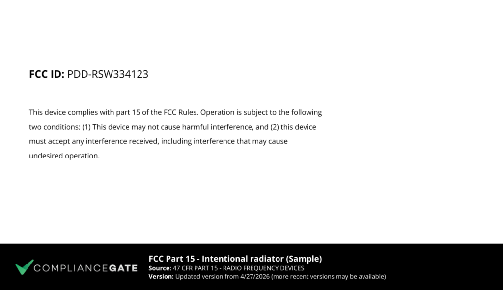 FCC 47 CFR PART 15 - Intentional radiator (Sample)