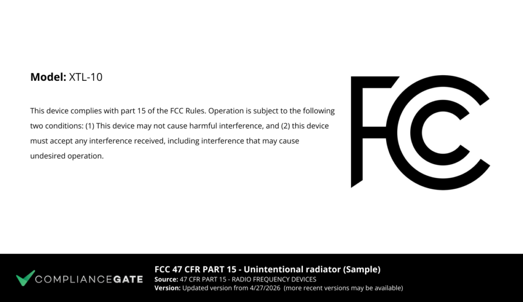 FCC 47 CFR PART 15 - Unintentional radiator (Sample)